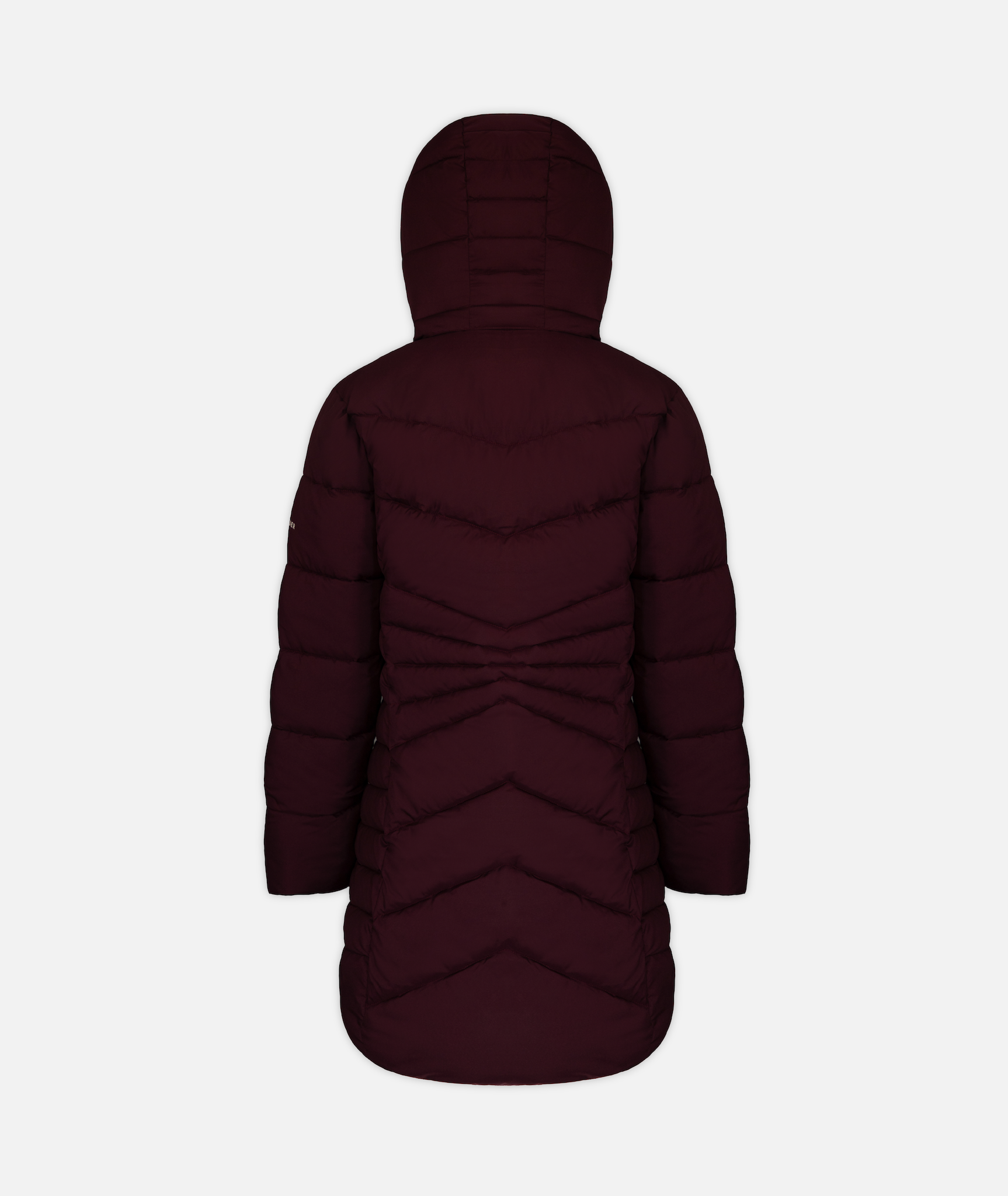 back of a maroon-colored puffy jacket with a hood, on a white background