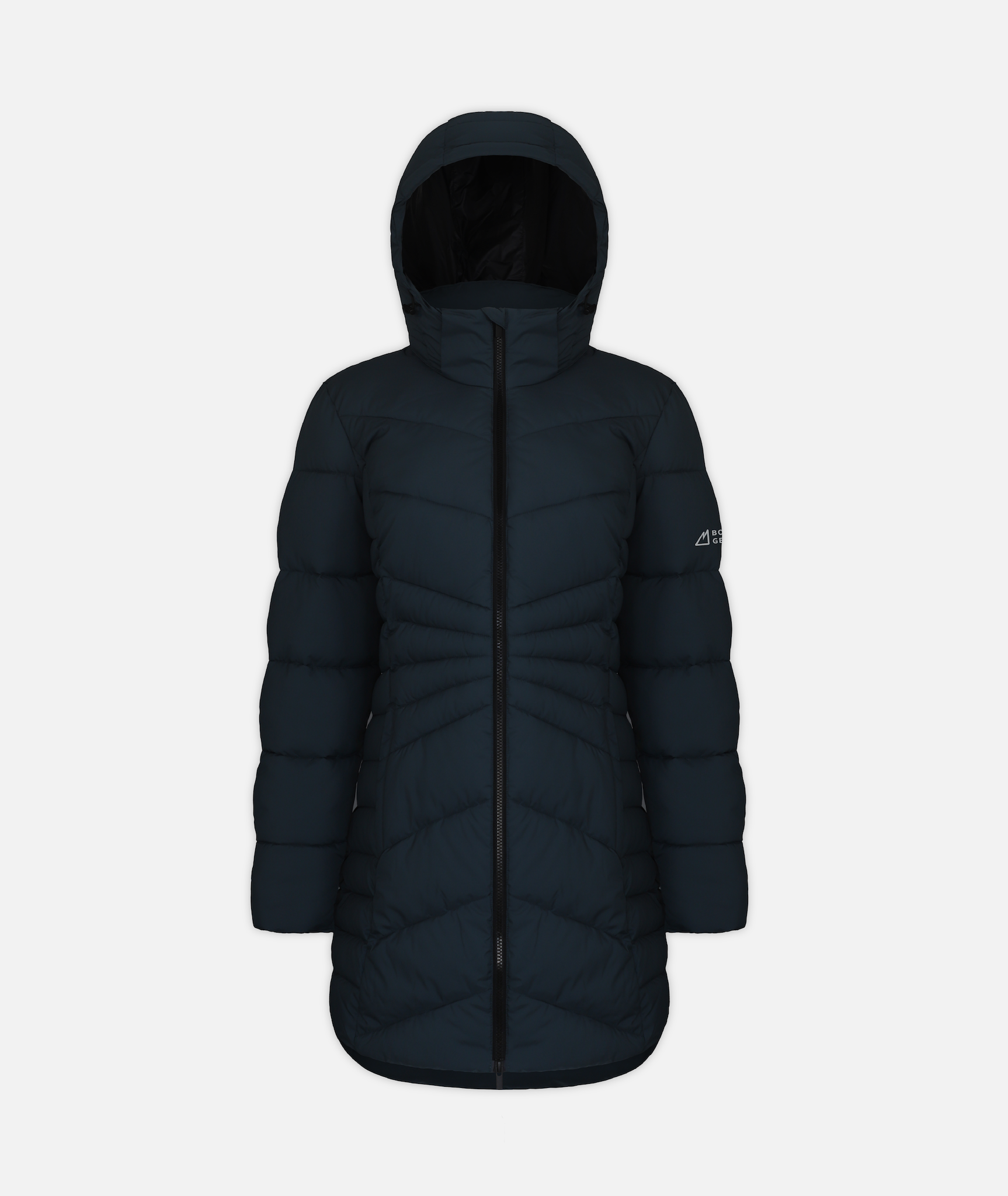 A navy puffy jacket with a hood, on a white background