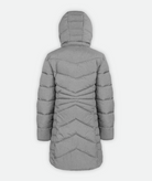 back of A heather gray, mid-length puffy jacket with quilting details and hood on a white background