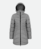 A heather gray, mid-length puffy jacket with quilting details and hood on a white background