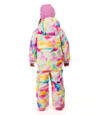 Person wearing a colorful tie-dye jacket on a white background