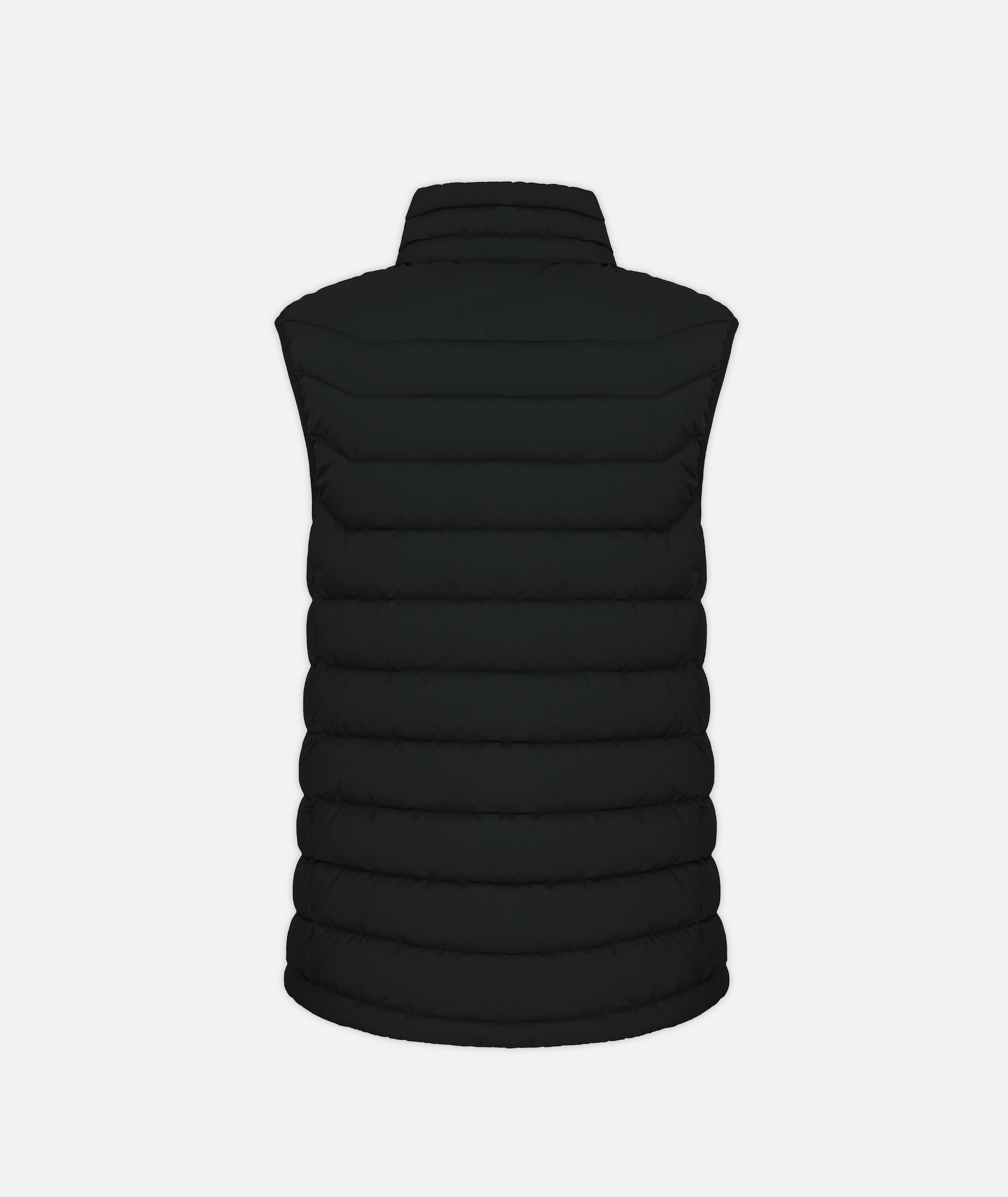 back of black puffer vest on a white background