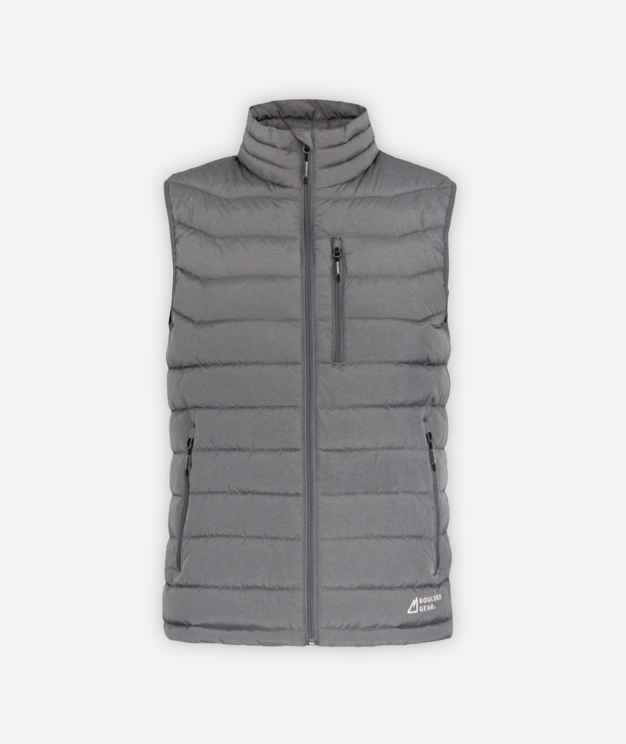 a puffer vest in gray on a white background.