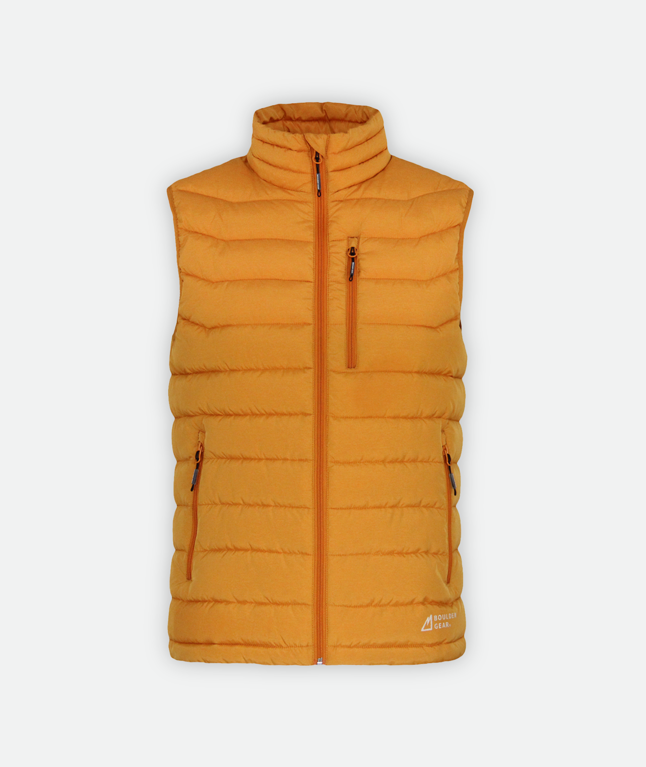 a puffer vest in mustard yellow on a white background.