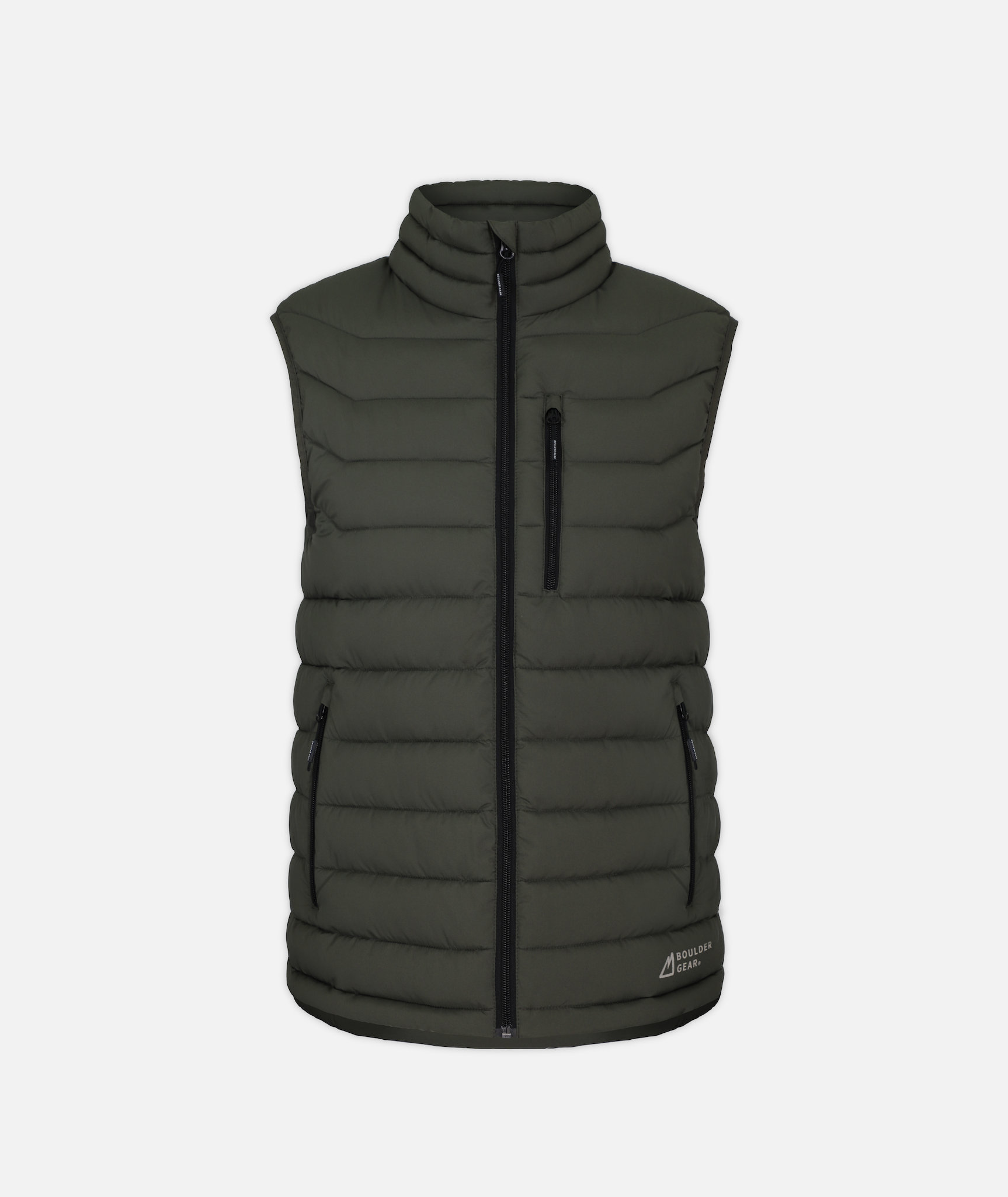 green puffer vest with black zippers on a white background