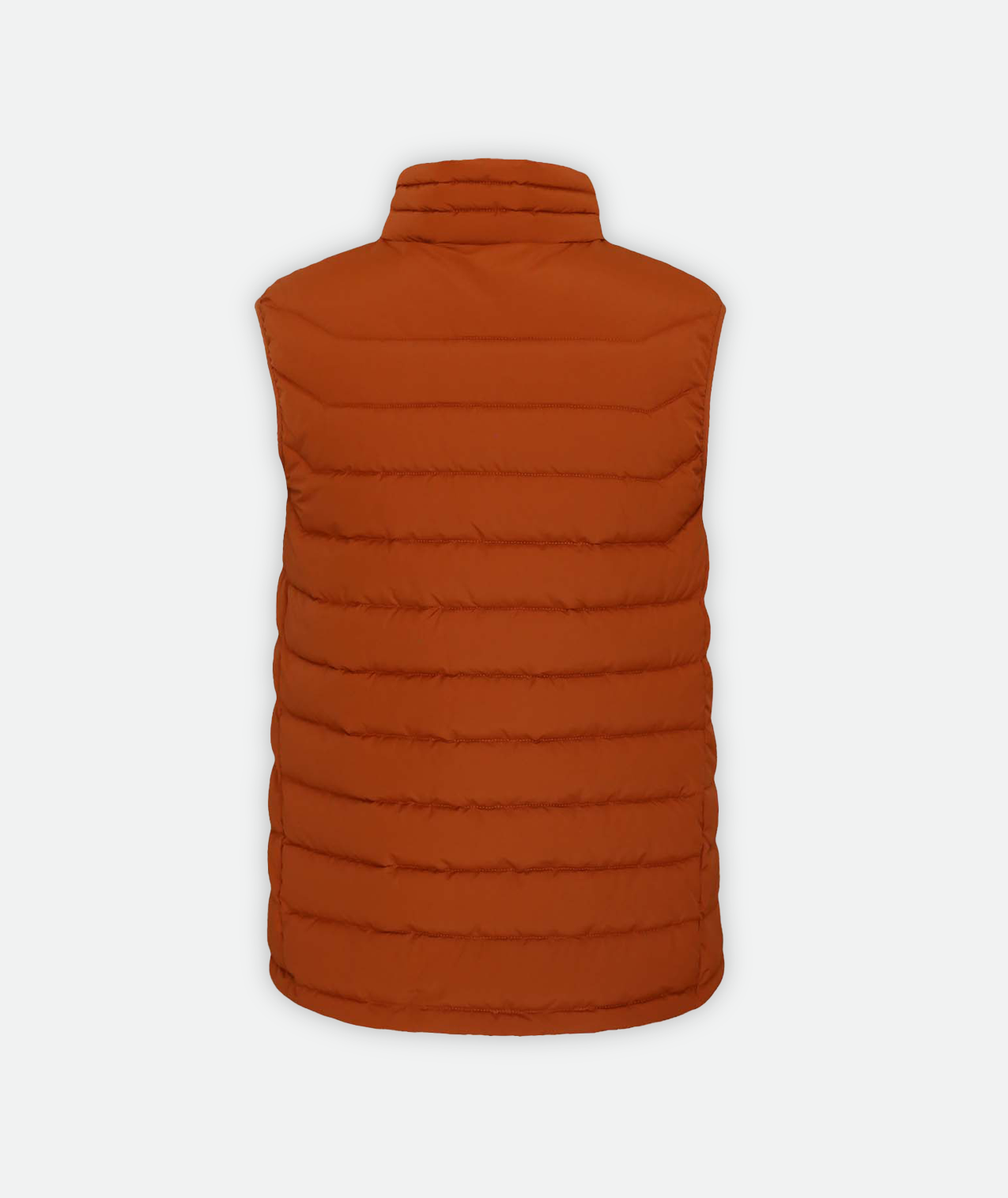 back of a puffer vest in rust on a white background.