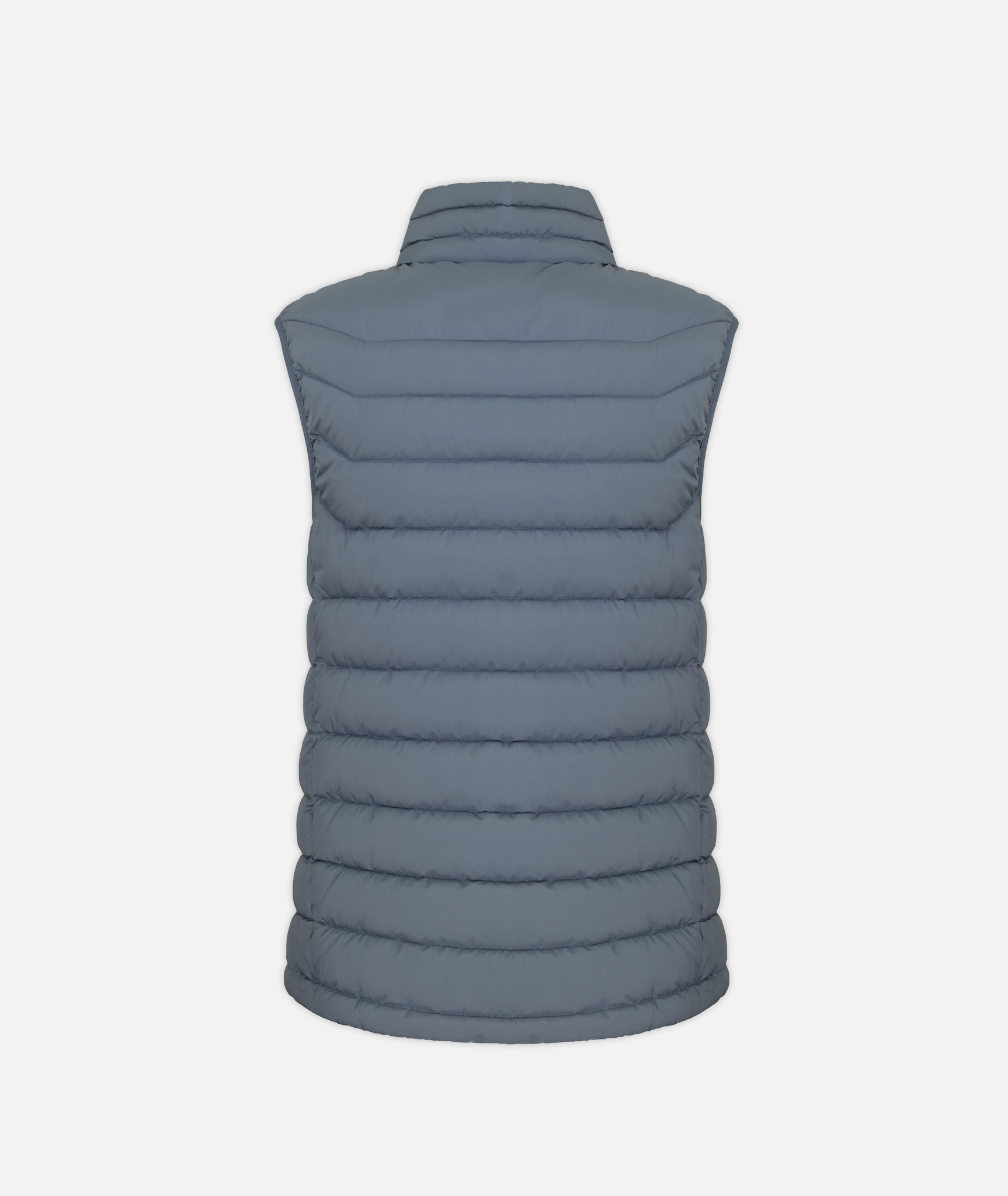 back of blue puffer vest on a white background
