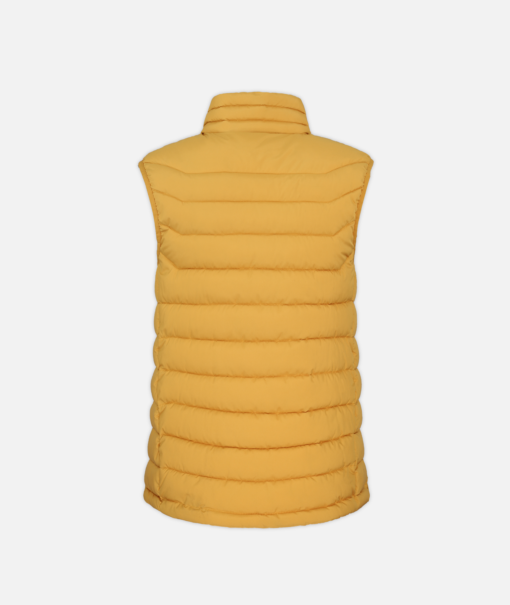 back of yellow puffer vest on a white background