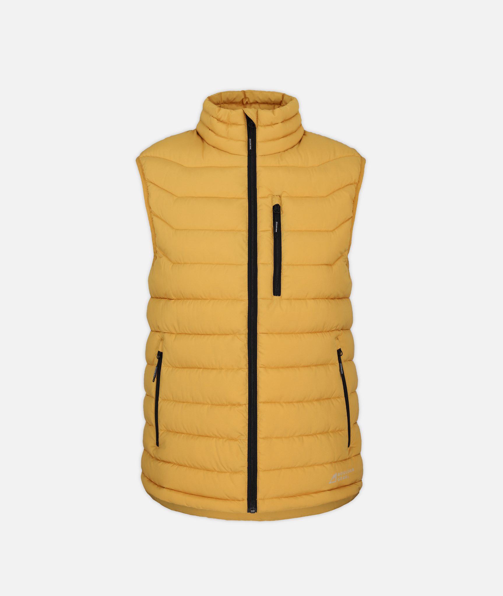 yellow puffer vest with black zippers on a white background