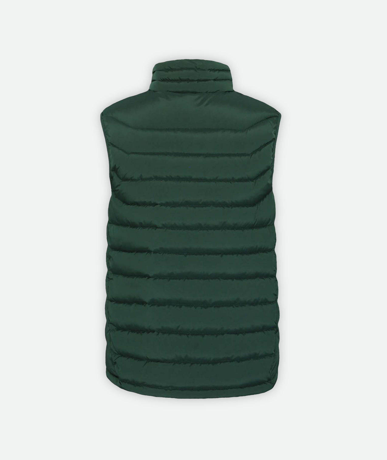 back of a puffer vest in dark green on a white background.