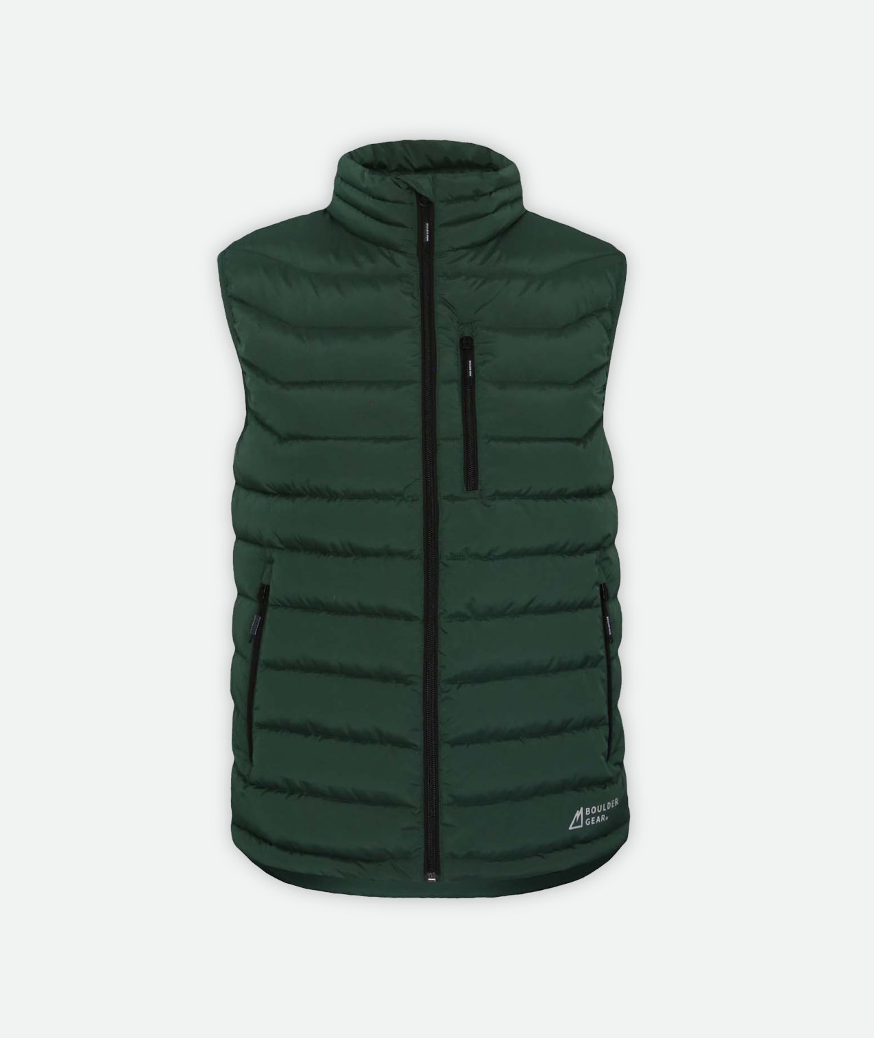 a puffer vest in dark green on a white background.