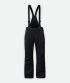 A pair of black Removable Suspender Pants with adjustable black suspenders and zippered hand pockets on a white background