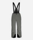A pair of gray Removable Suspender Pants with adjustable black suspenders and zippered hand pockets on a white background
