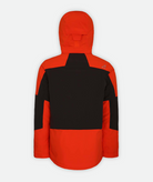 back of red and black ski jacket with hood on a white background