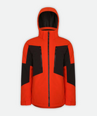 red and black ski jacket with hood on a white background