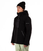 Person wearing a black jacket on a white background