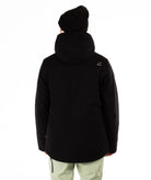 back of person wearing a black jacket on a white background