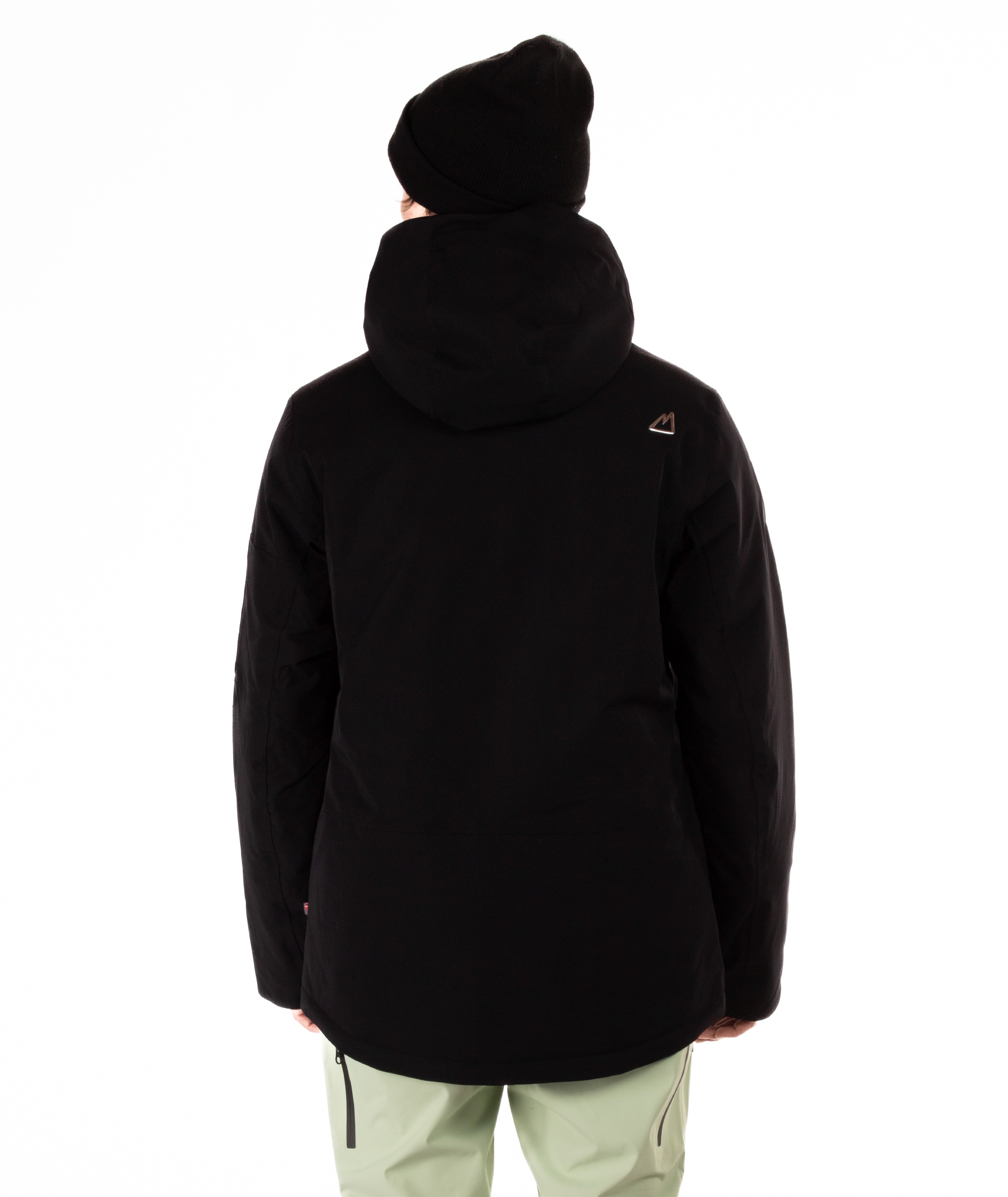 back of person wearing a black jacket on a white background