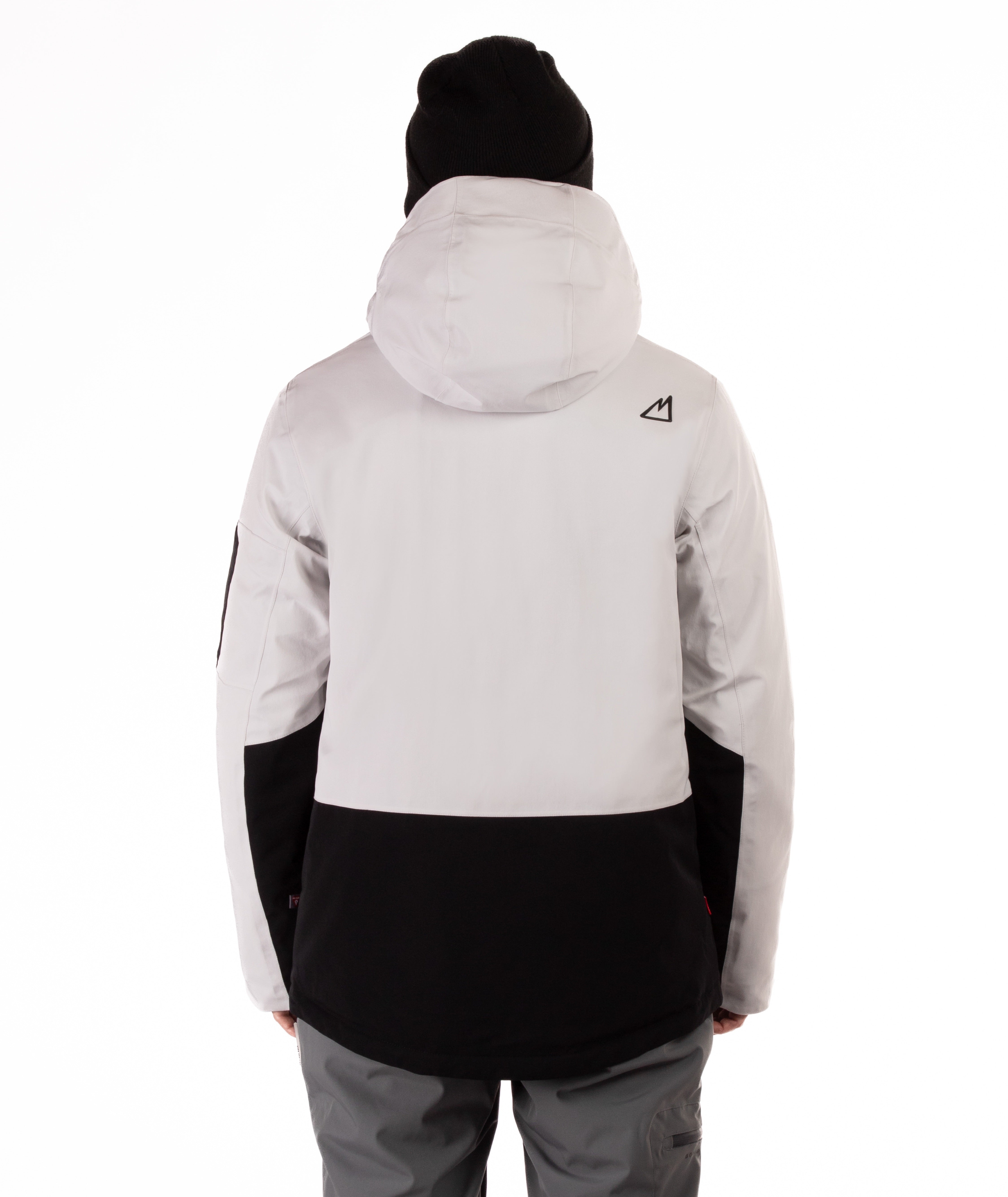 back of person wearing a light gray and black jacket with a hood on a white background