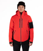 Person wearing a red jacket with black accents on a white background