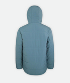 back of a full zip hoodie jacket in blue with an attached hood on a white background