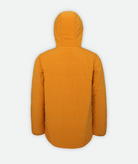 back of a full zip hoodie jacket in yellow with an attached hood on a white background