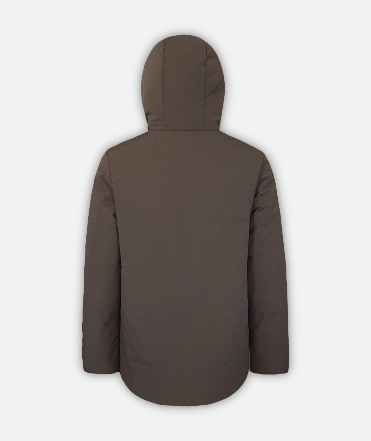 back of brown jacket with black zippers and hood on a white background
