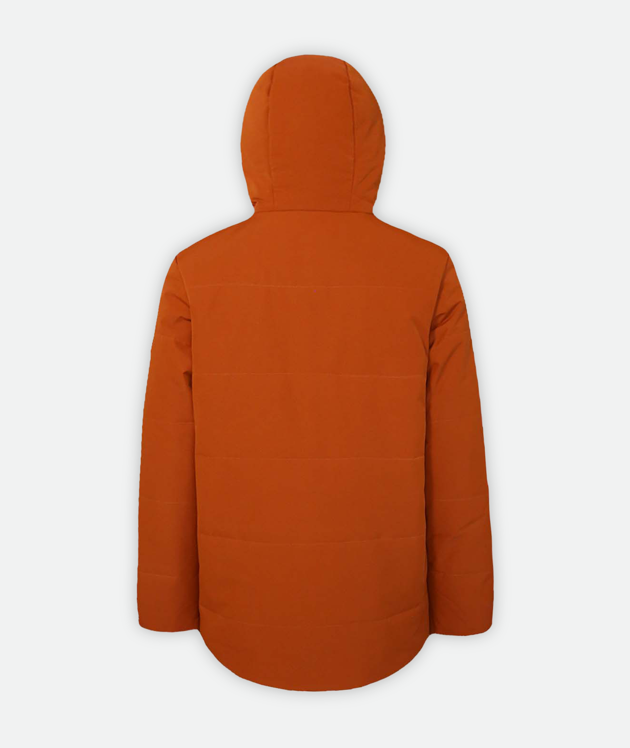 back of a orange jacket with black zippers and hood on a white background