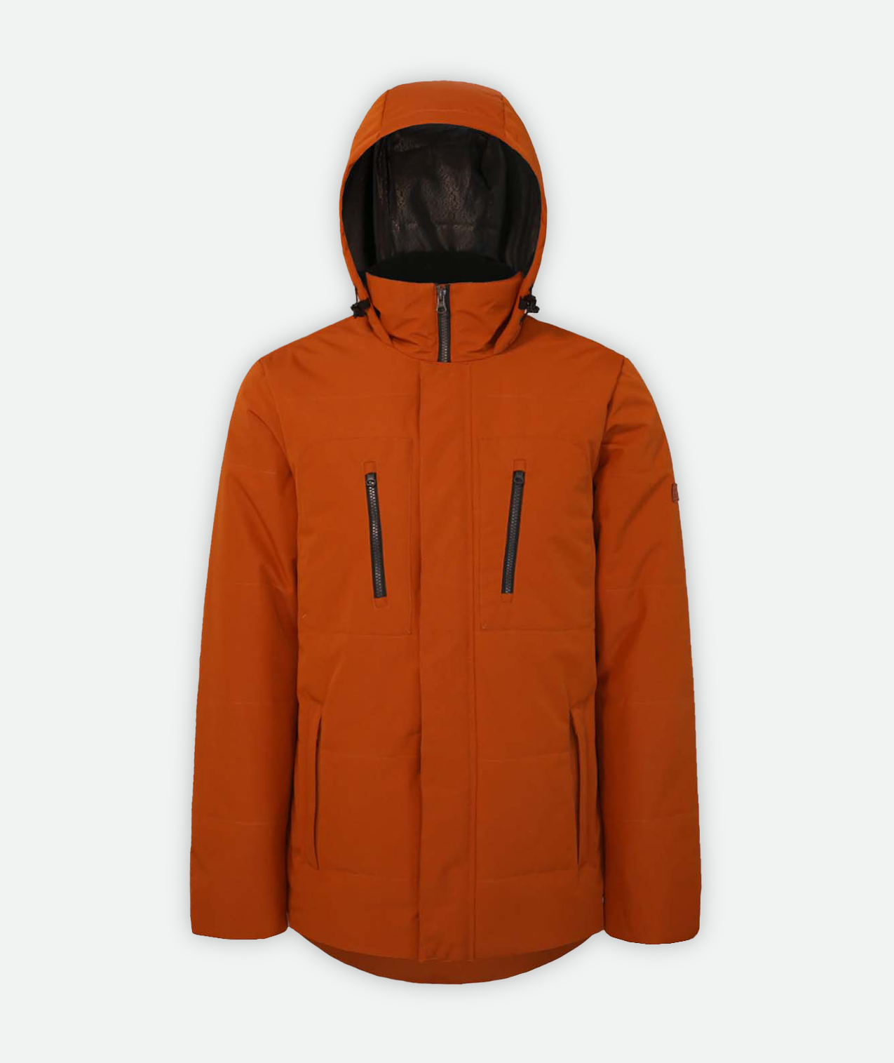orange jacket with black zippers and hood on a white background