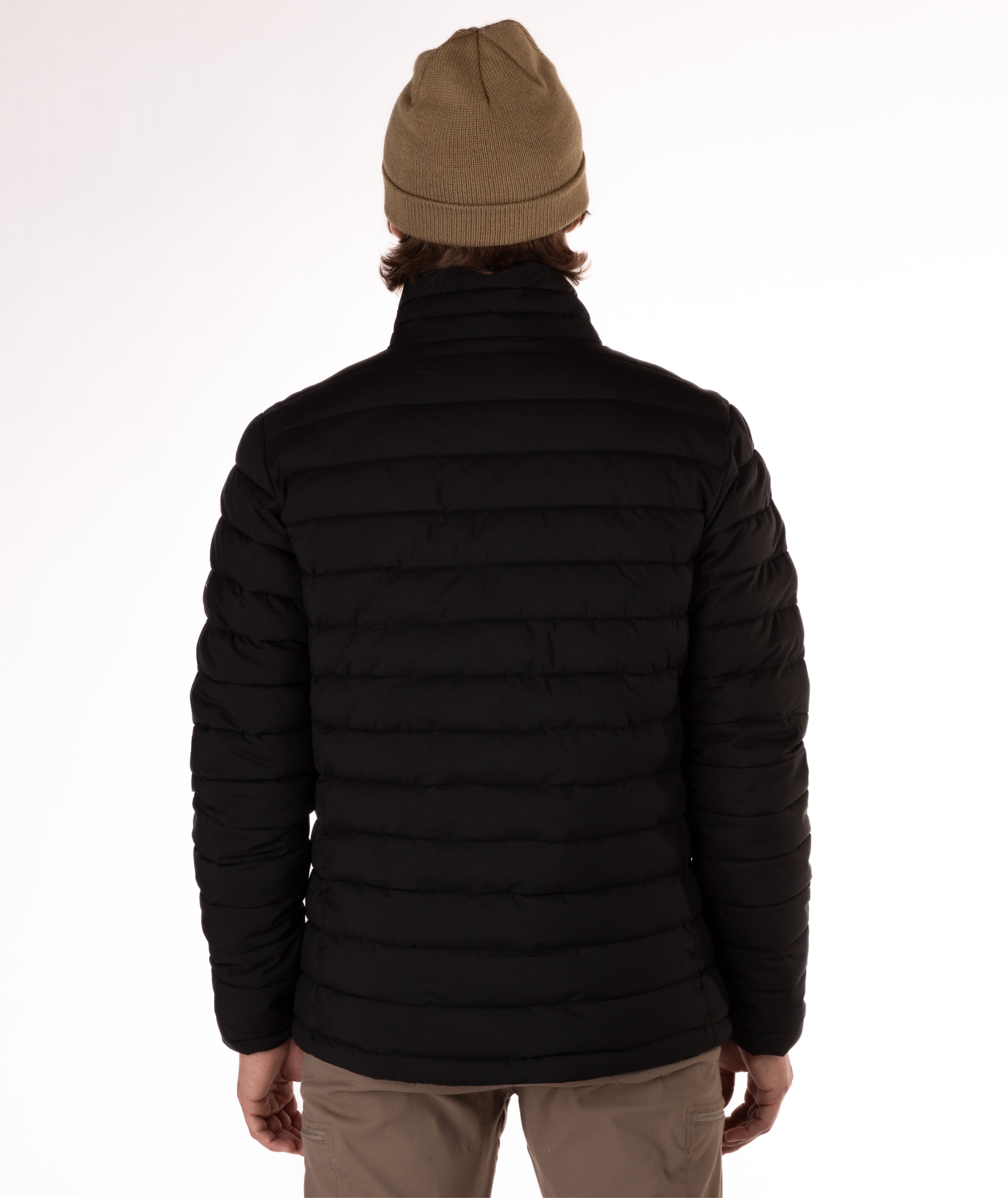 back of Man wearing a black puffer jacket on a white background