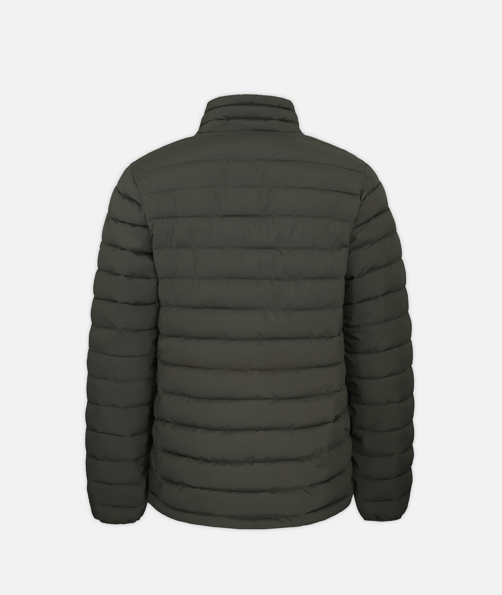 back of green puffer jacket with on a white background