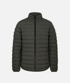 green puffer jacket with black zippers on a white background