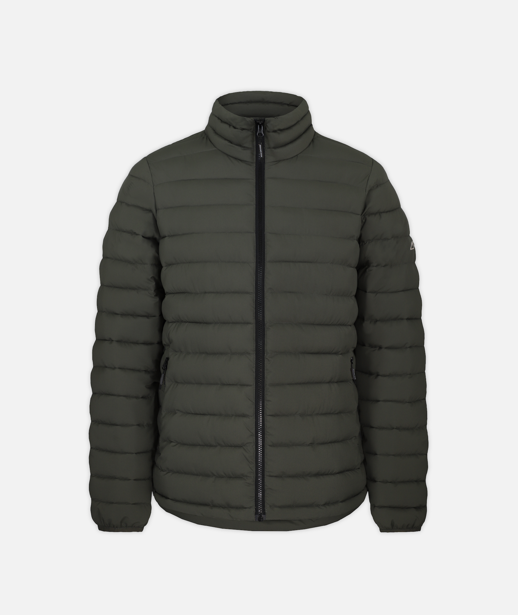 green puffer jacket with black zippers on a white background