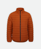 Orange Puffy Jacket with a black zipper on a white background