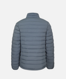 back of dusty blue puffer jacket with black zippers on a white background