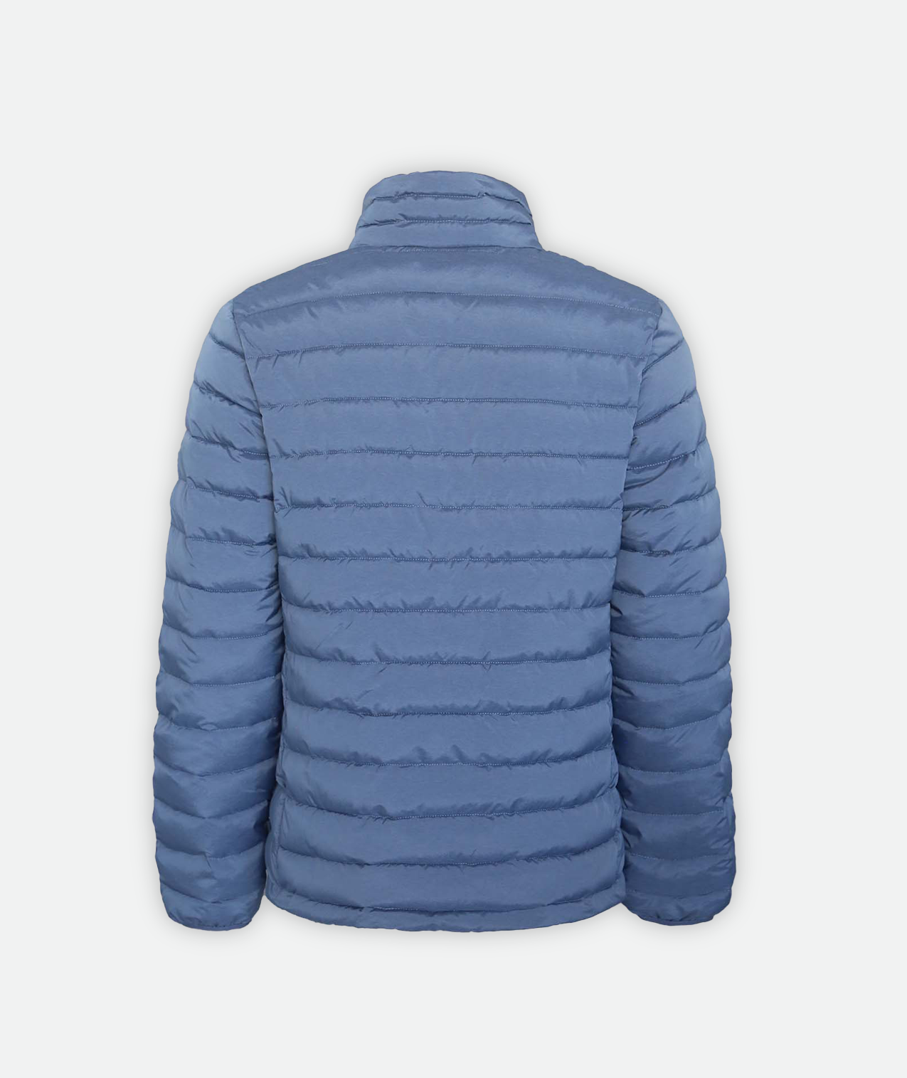 back of blue Puffy Jacket with a black zipper on a white background