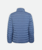 back of blue Puffy Jacket with a black zipper on a white background