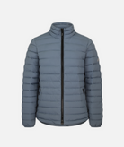 dusty blue puffer jacket with black zippers on a white background