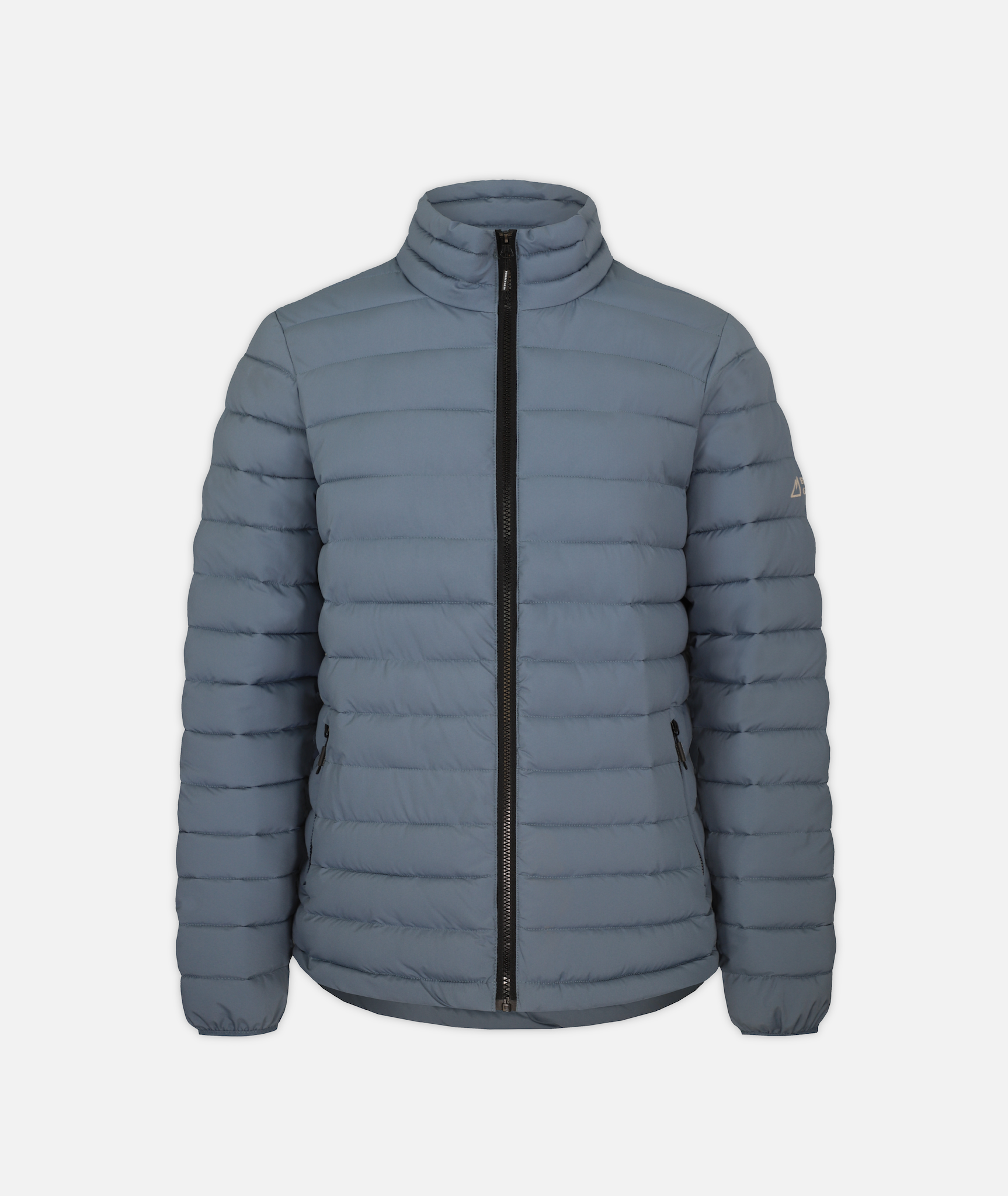 dusty blue puffer jacket with black zippers on a white background