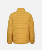 back of yellow puffer jacket on a white background