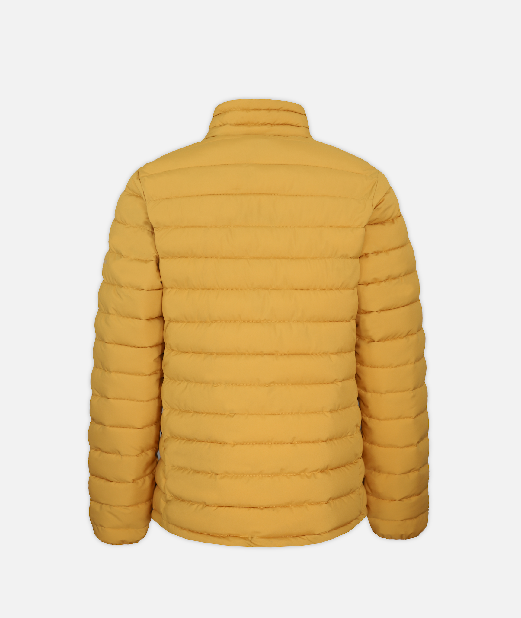 back of yellow puffer jacket on a white background