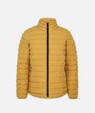 yellow puffer jacket with black zippers on a white background