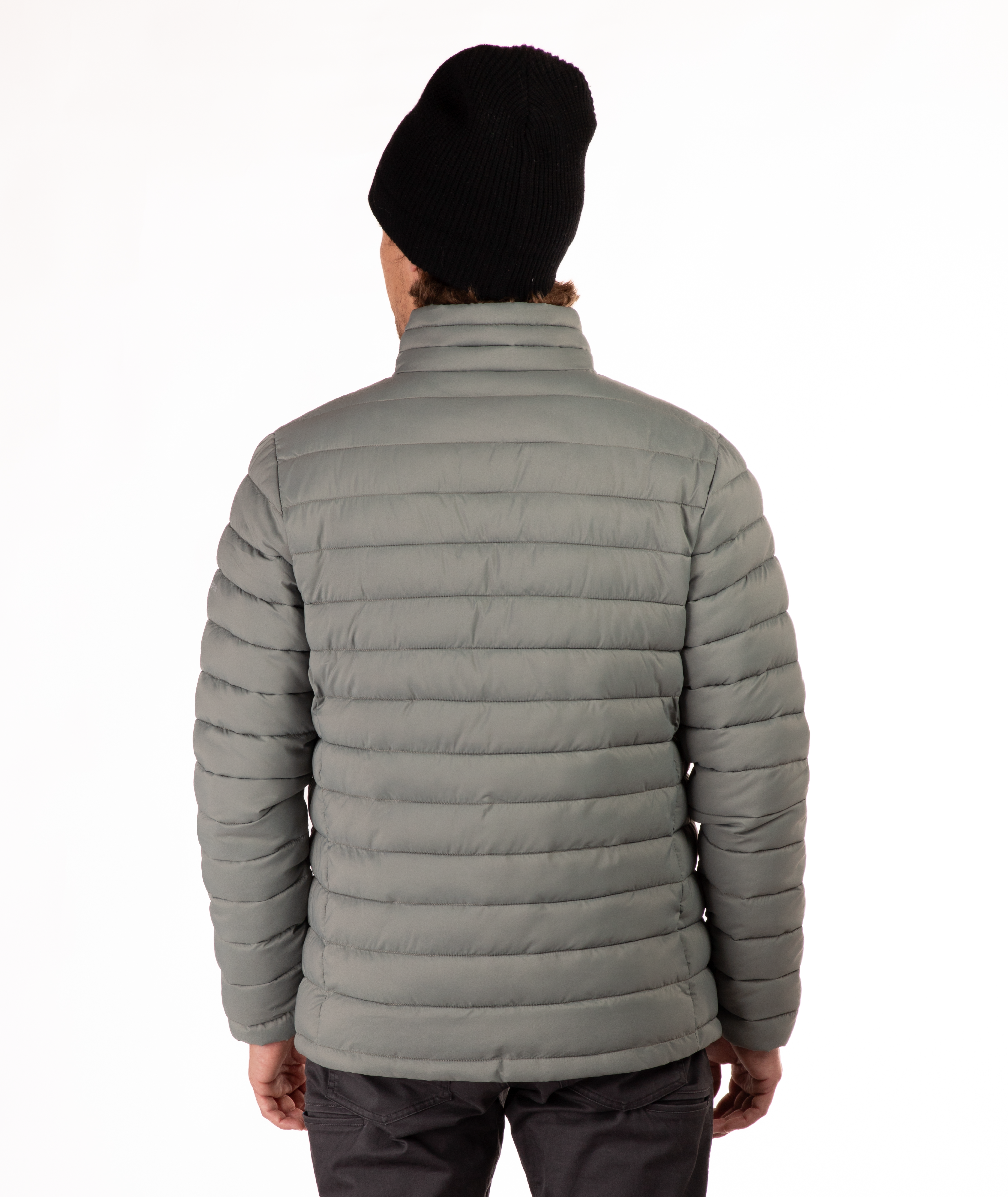 back of Man wearing a beige puffer jacket on a white background