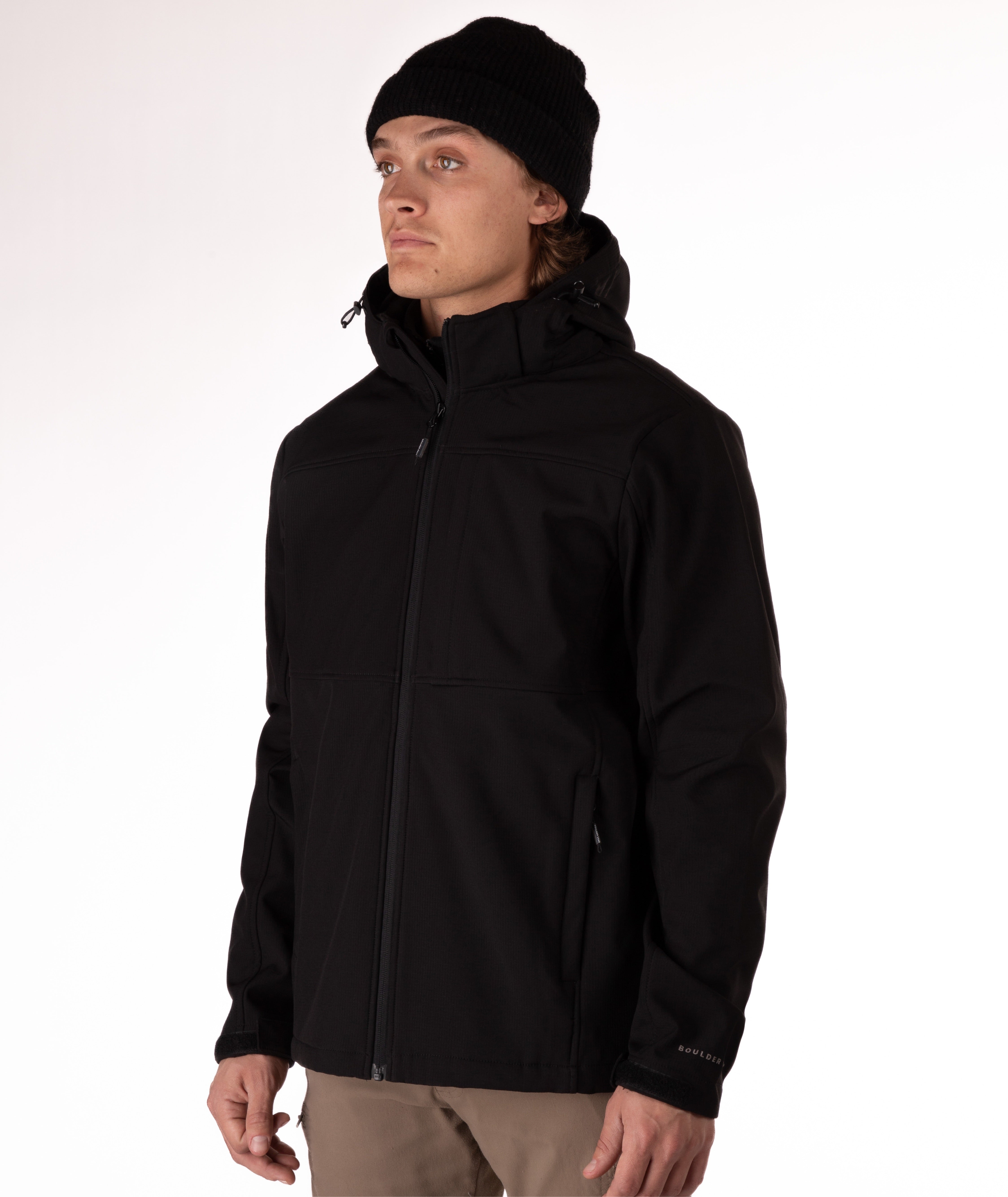 Man wearing a black jacket with a white background