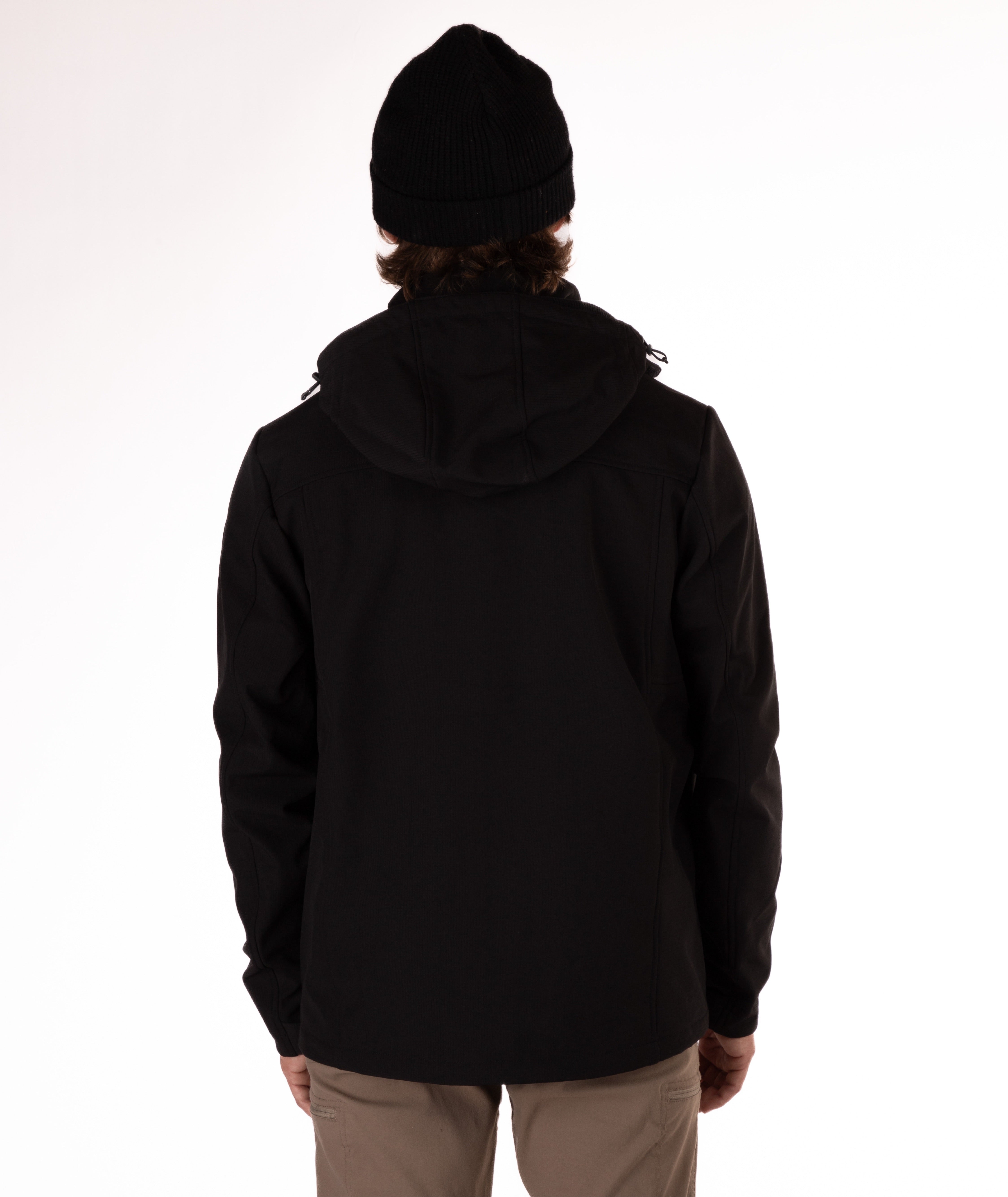 back of Man wearing a black jacket with a white background