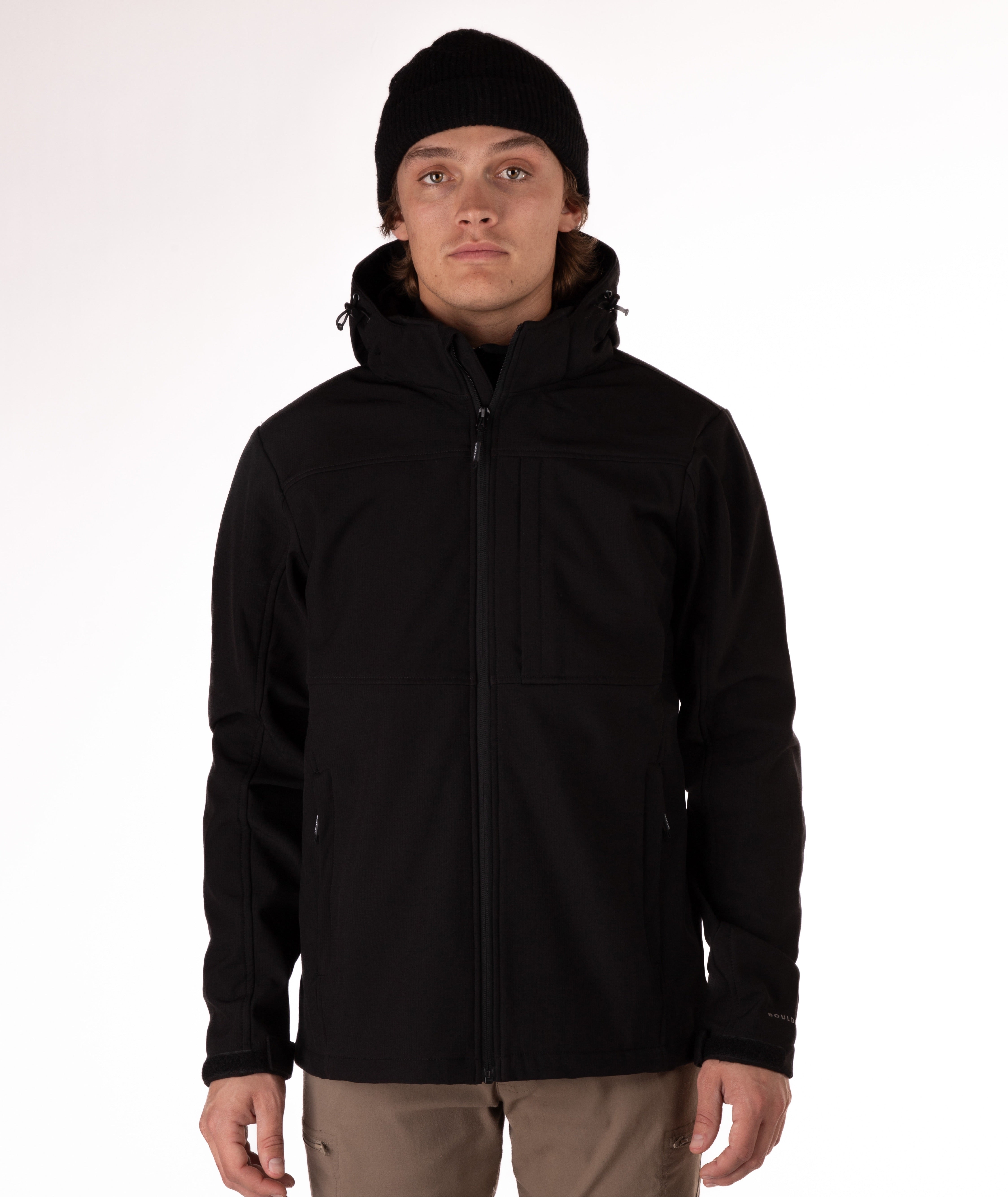 Man wearing a black jacket with a white background