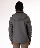 back of Man wearing a gray and black jacket with a white background