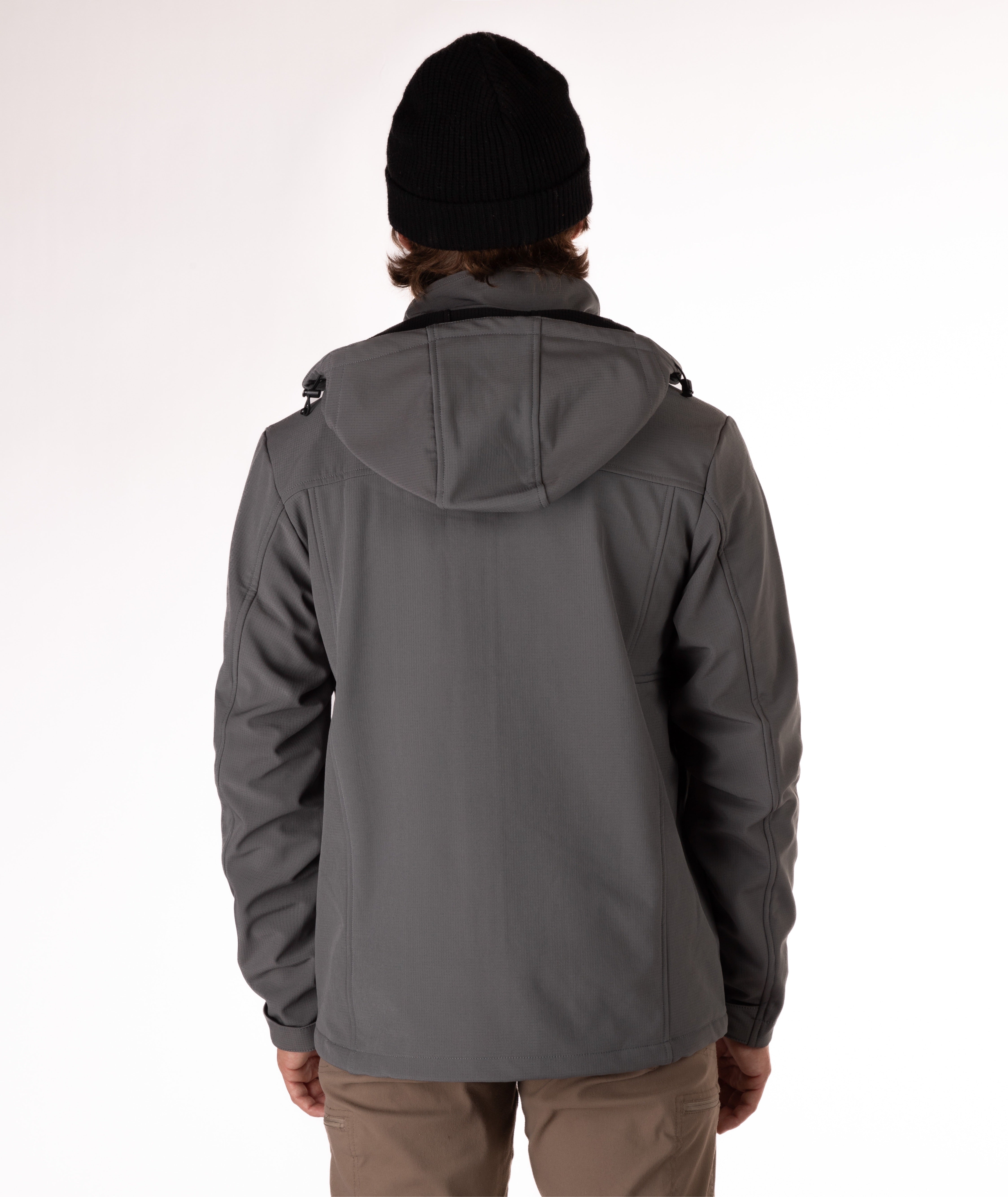 back of Man wearing a gray and black jacket with a white background