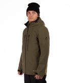 Man wearing a green jacket with black zippers on a white background