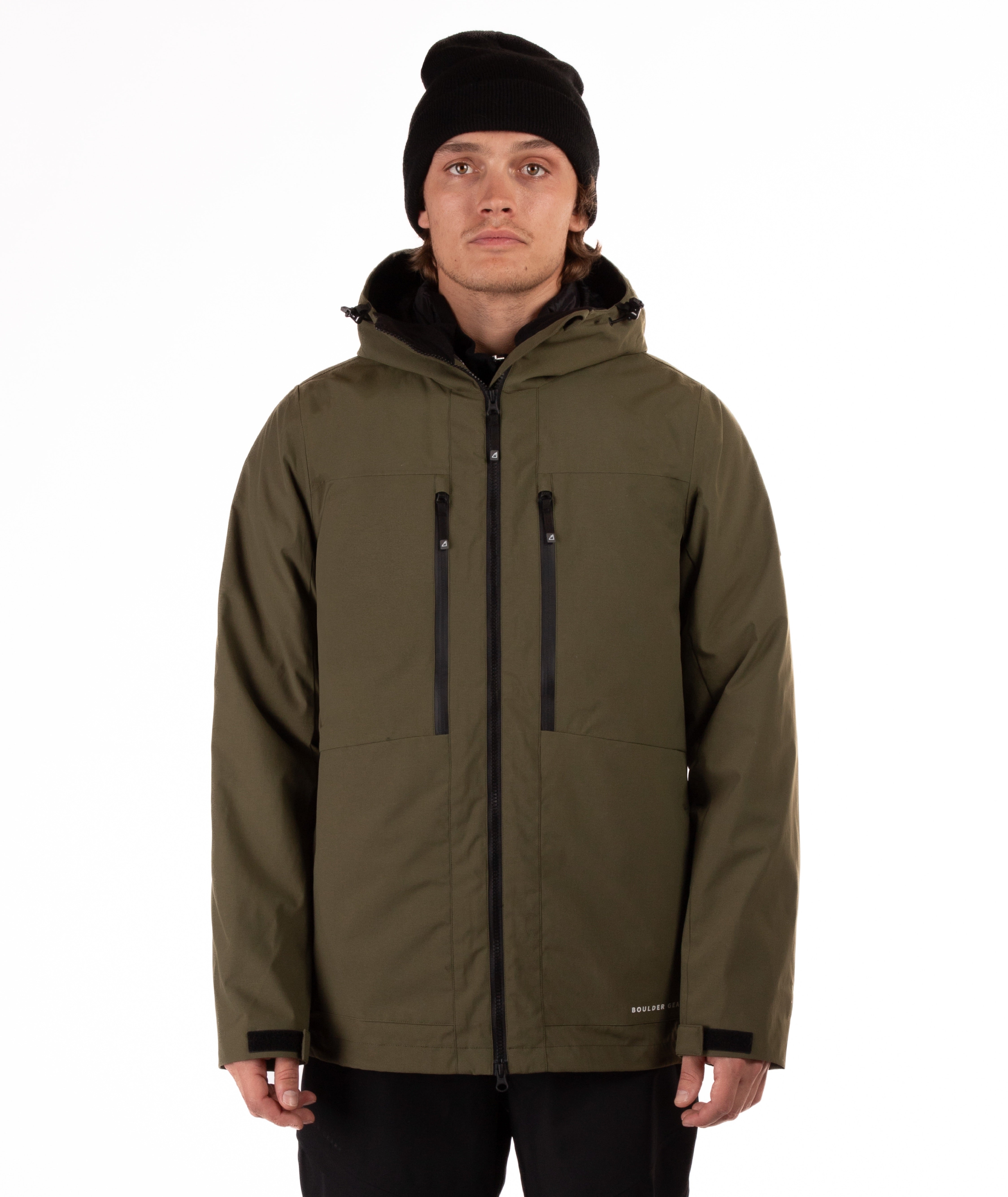 Man wearing a green jacket with black zippers on a white background